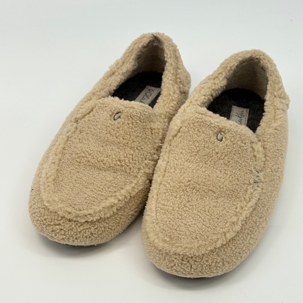 OluKai Nohea Heu Slipper Women Size 7 Tan Beige Sherpa Moccasin 20459 Cozy